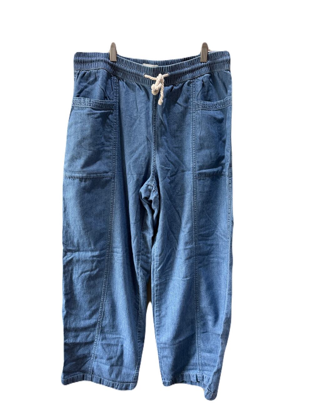 Pact Chambray Wide Leg Flowy Pull On Pants 100% Organic Cotton Drawstring Size L